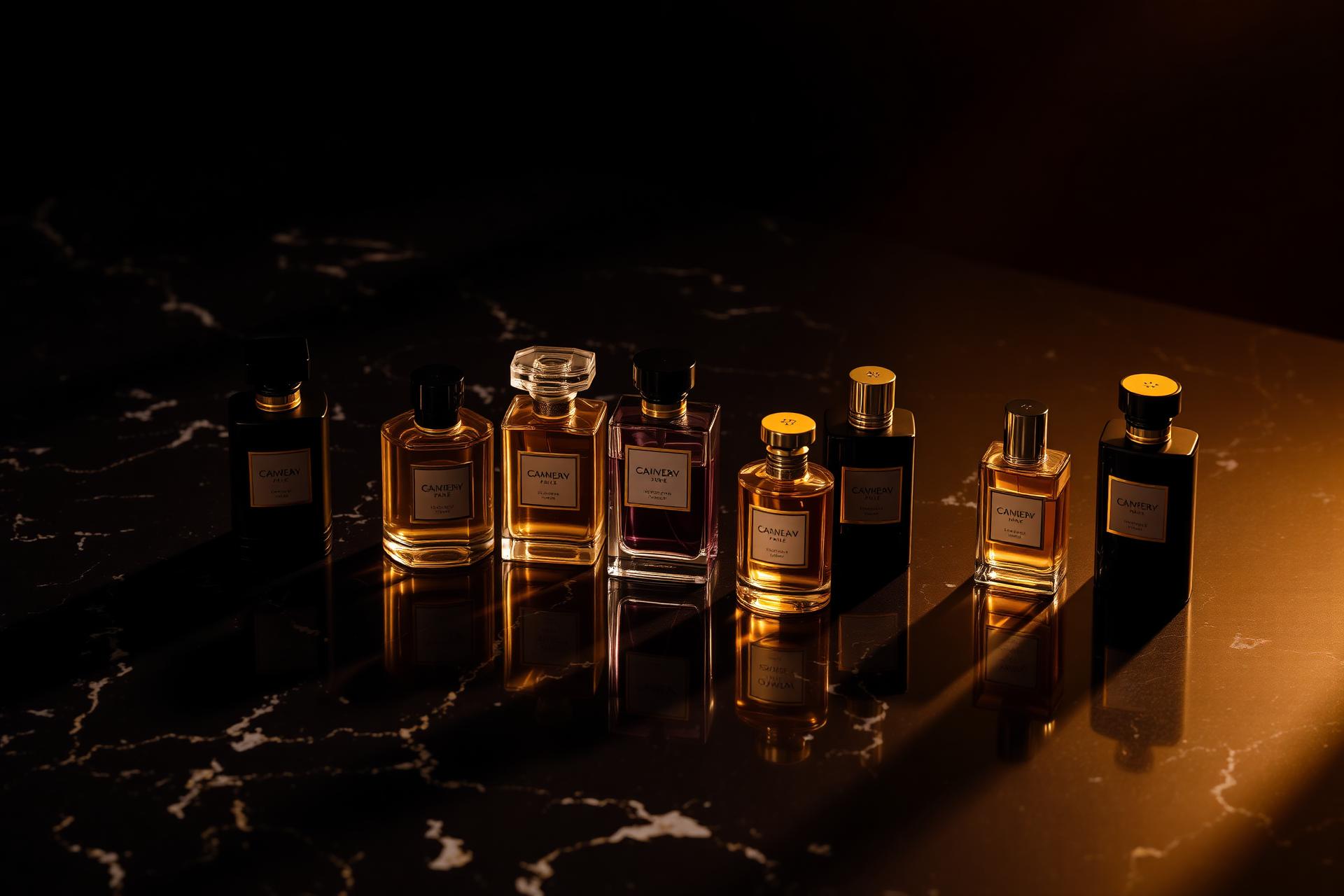 Luxury perfume bottles on black marble